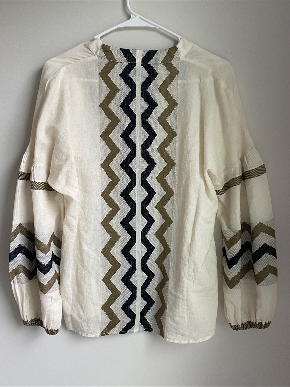 Boho Peasant Blouse in Cream with Olive & Black Zigzag - Picture 4 of 4